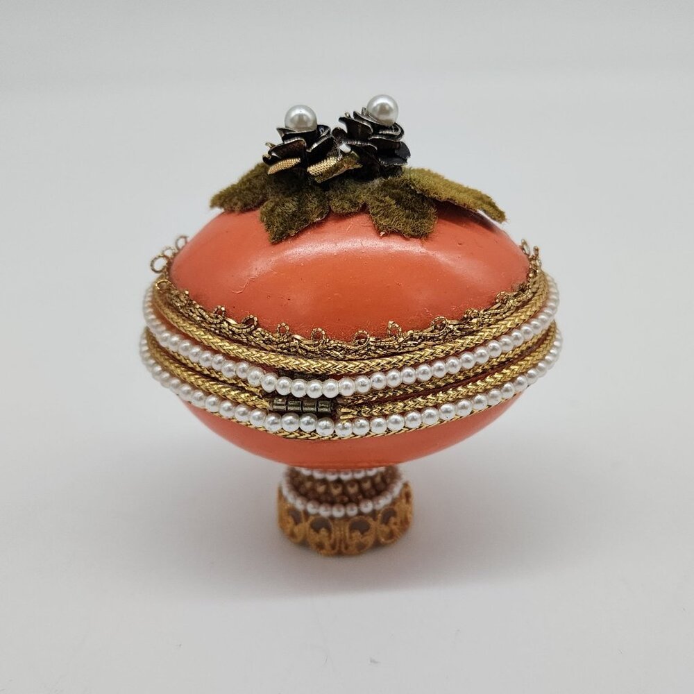 Decorative Egg Shaped Jewelry Trinket Box Faux Pearl Velvet Floral 2.5" - Picture 5 of 7